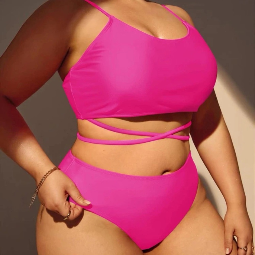Plus 3pack Crisscross Tie Back High Waist Bikini Swimsuit & Beach Skirt